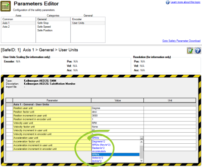 Parameters Editor with Acceleration User Unit values circled